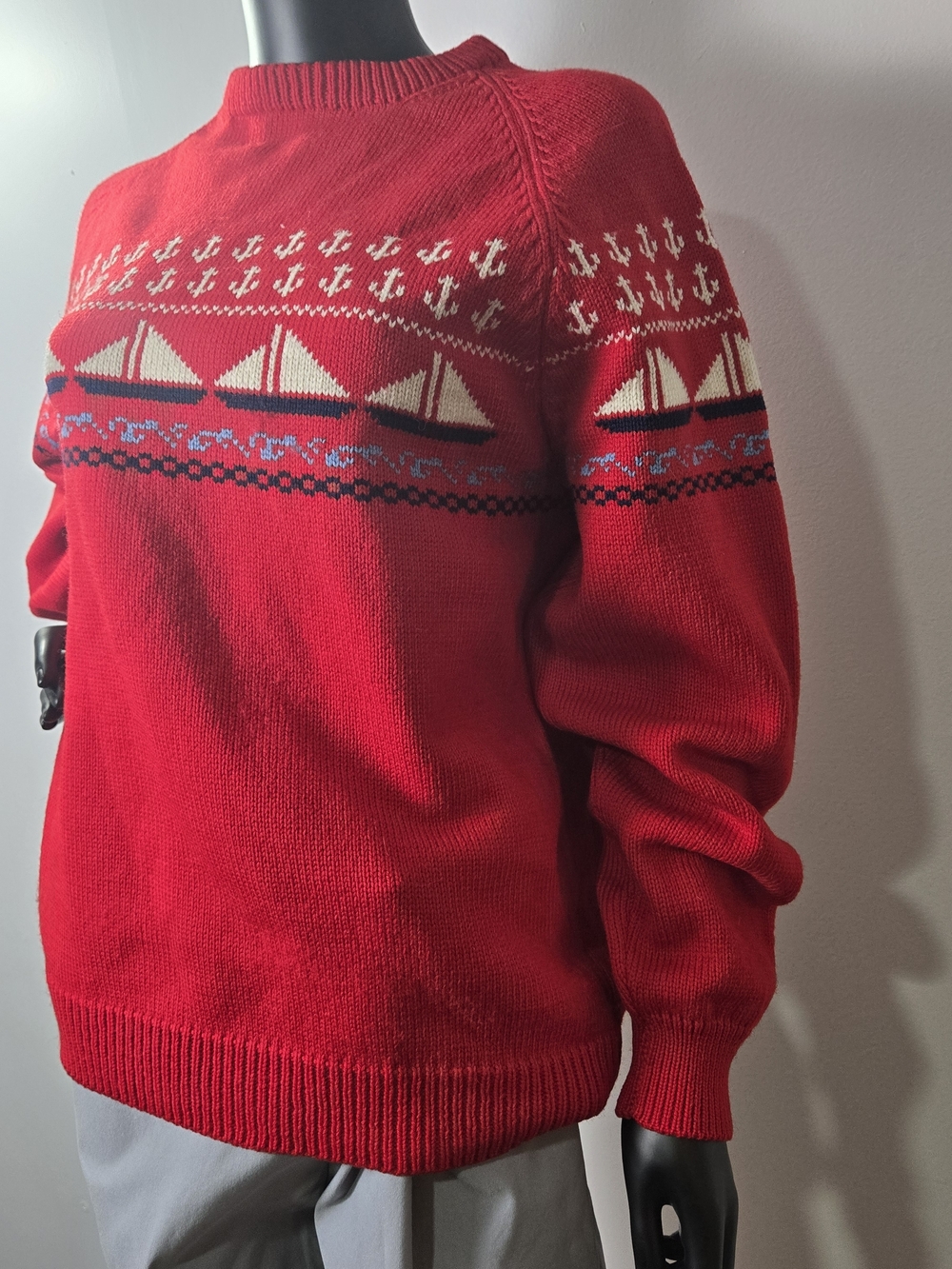 Men's 100% Wool Red Nautical Crewneck Sweater - Picture 7 of 11